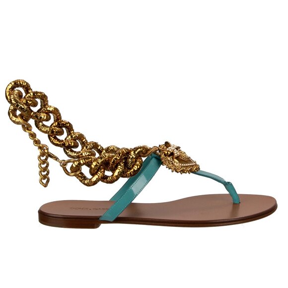 Dolce & Gabbana - DEVOTION Pearl Heart Leather Sandals INFRADITO Chain Blue Gold - Picture 3 of 5